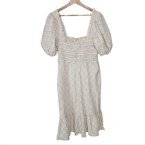 Ganni Searsucker Multi Color SmockedDress Check Plaid Size 44 US 12